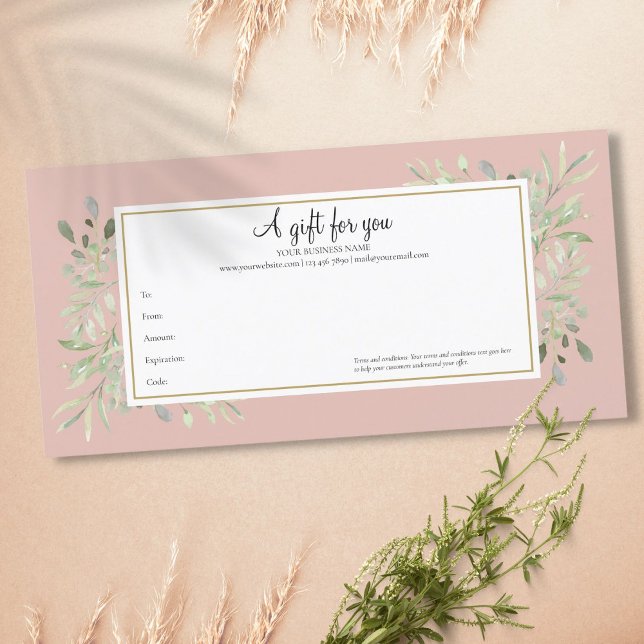Certificado de Presente de Folhas de Primavera Ros (Elegant Blush Pink Spring Leaves Gift Certificate)