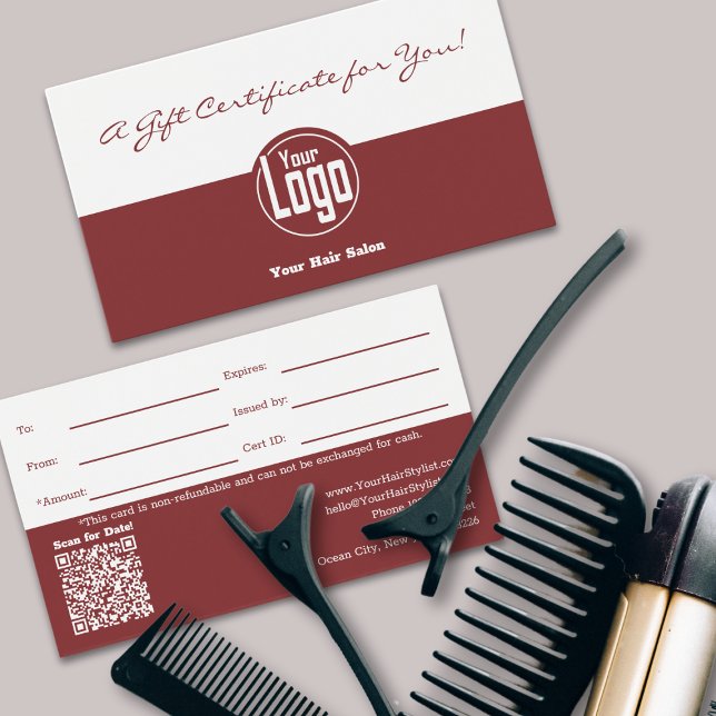 Certificado de presente de Hairstylist de Código Q (Simple Logo QR Code Hairstylist Gift Certificate)