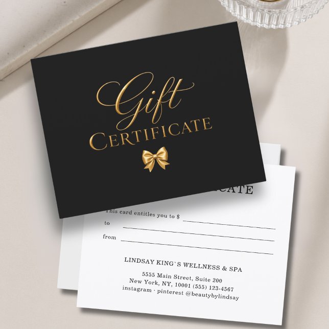 Certificado de Presente de Laço Preto Elegante Dou (Elegant Black Gold Bow Gift Certificate)
