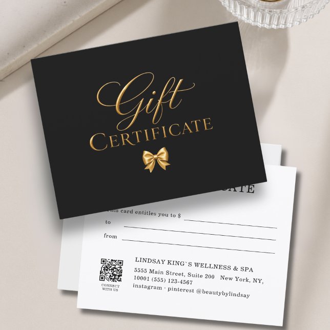 Certificado de Presente de Laço Preto Elegante Dou (Elegant Black Gold Bow Gift Certificate)