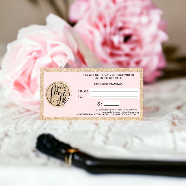 Certificado de presente de logotipo Dourado com br (Gold glitter heart blush logo gift certificate back)