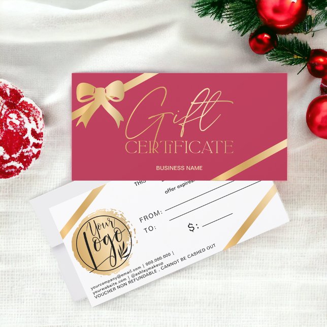 Certificado de presente de logotipo magenta com fi (Gold foil ribbon magenta logo gift certificate)