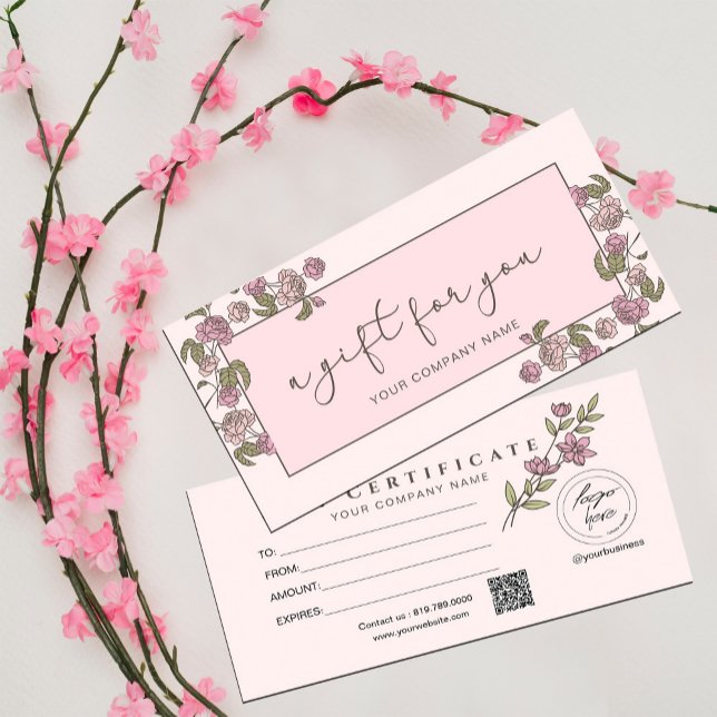 Certificado de presente de logotipo para adição de (Modern Pink Floral Add Logo Gift Certificate #floralgiftcard #pink #addlogo #girly)