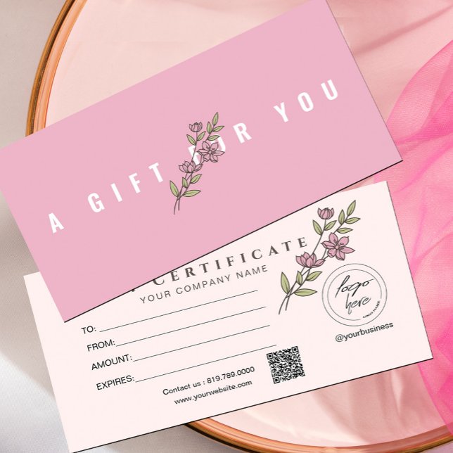 Certificado de presente de logotipo para adição de (Modern Pink Floral Add Logo Gift Certificate #floralgiftcard #pink #addlogo #girly #minimalist)