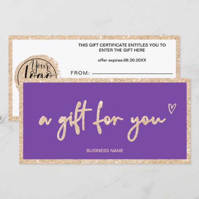 Certificado de presente de logotipo púrpura Dourad (Frente/Verso)