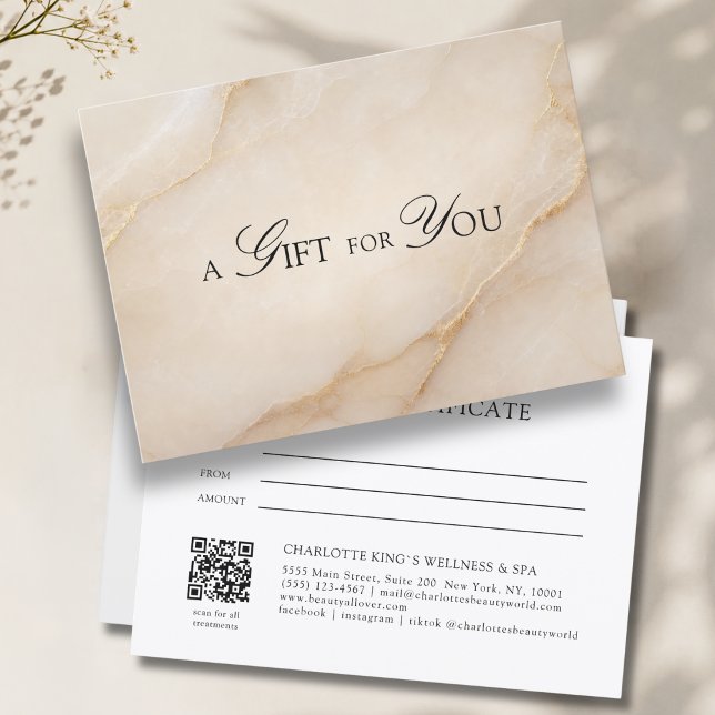 Certificado de Presente de Mármore Bege Elegante c (A Gift for You! Beige Gold Marble QR Code)