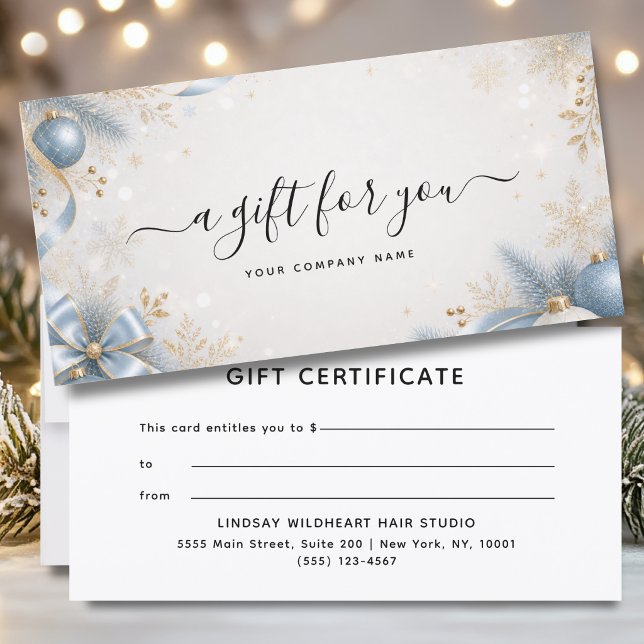 Certificado de Presente de Natal Elegante para Neg (Elegant Christmas Business Beige Blue Gold Gift Certificate)
