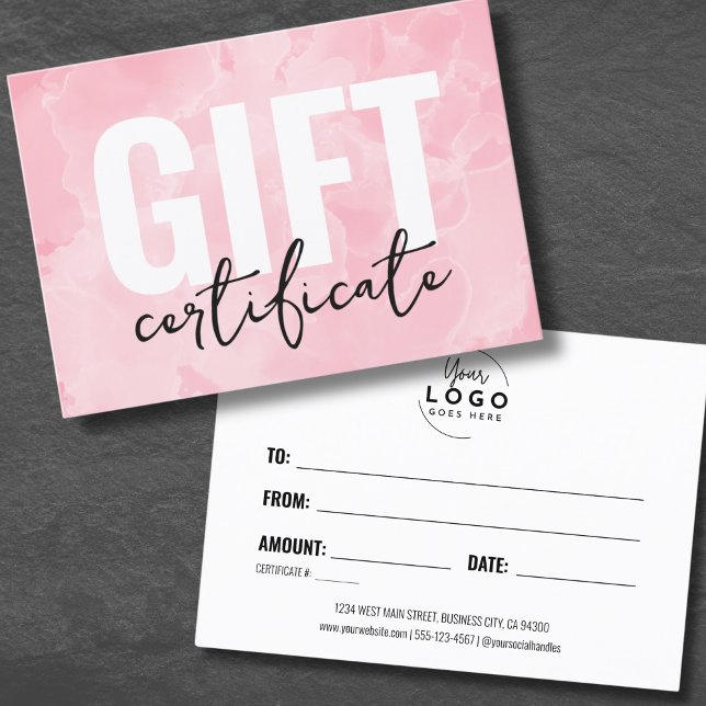 Certificado de Presente de Negócios com Logotipo R (Pink Watercolor Logo Business Gift Certificate)