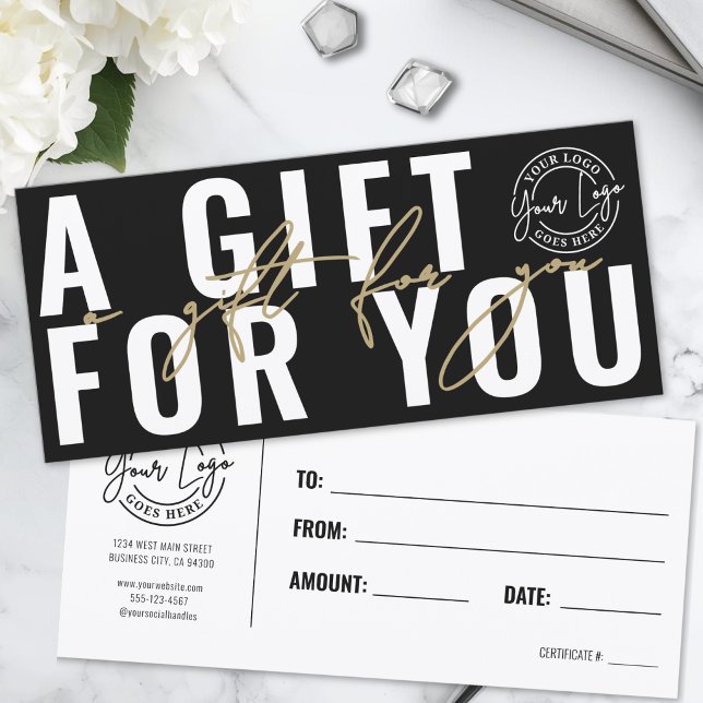 Certificado de Presente de Negócios Elegante em Pr (Logo Modern Black Gold Business Gift Certificate)