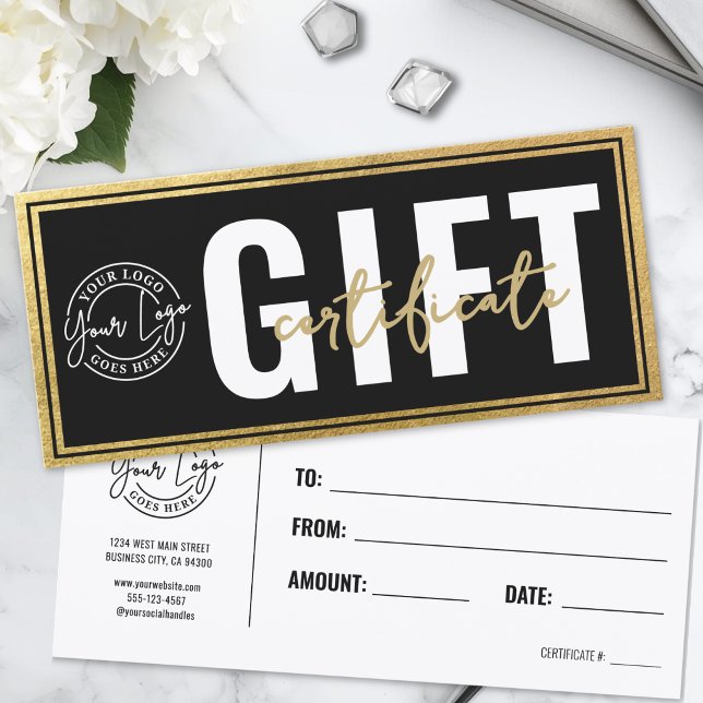 Certificado de Presente de Negócios Preto Dourado  (Logo Modern Black Gold Business Gift Certificate )