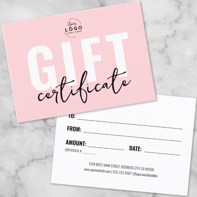 Certificado de Presente de Negócios Rosa Logo Blus (Logo Blush Pink Business Gift Certificate)