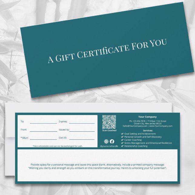 Certificado de Presente de Nota de Coach com Vida  (Minimalist QR Code Teal Life Coach Note Gift Certificate)