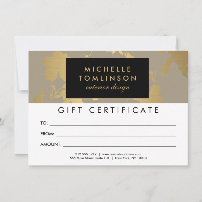 Certificado de Presente de Padrão Floral Dourado E (Frente)