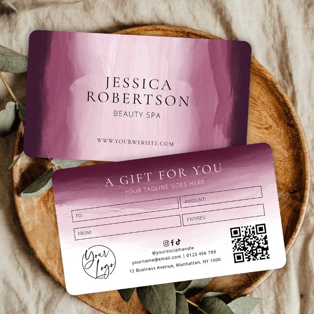 Certificado de Presente de Salão de Beleza de Cade (Elegant burgundy red watercolor business gift voucher with your logo, QR code and contact details)