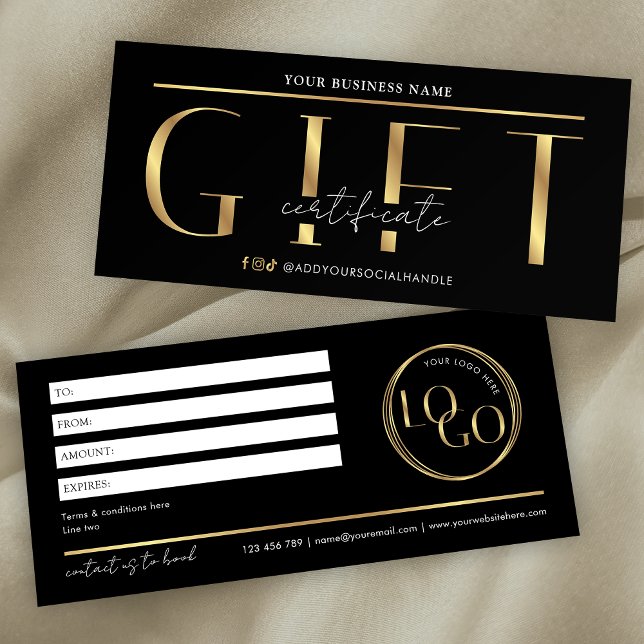 Certificado de Presente de Spa Salon do Logotipo P (Modern black and gold effect gift certificate with space for your custom text and logo)