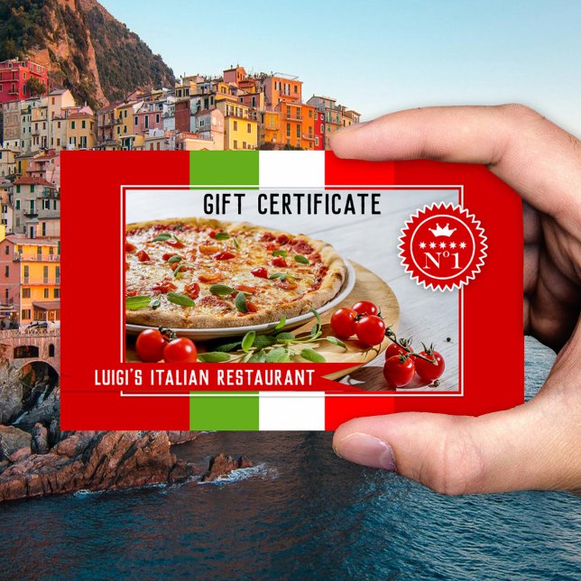 Certificado de Presente do Restaurante Italiano Yo (Gift certificate for an Italian restaurant featuring an image of pizza framed by the Italian flag)