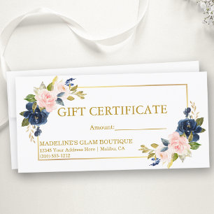 Certificado de Presente Dourado Floral Azul Cor-de