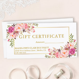 Certificado de Presente Dourado Floral de Rosas Ro