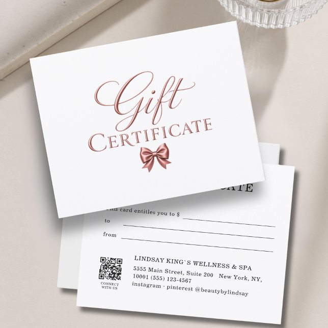 Certificado de Presente Elegante Arco Branco Rosê (Elegant Bow White Rosegold Gift Certificate)