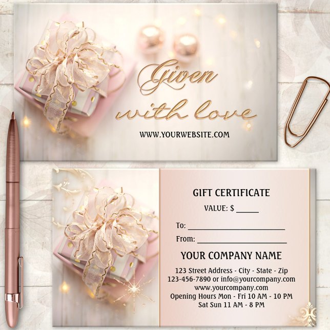 Certificado de Presente Elegante em Ouro Rosa para (Festive gift certificate template featuring a boho chic gift package with sparkling lights.)