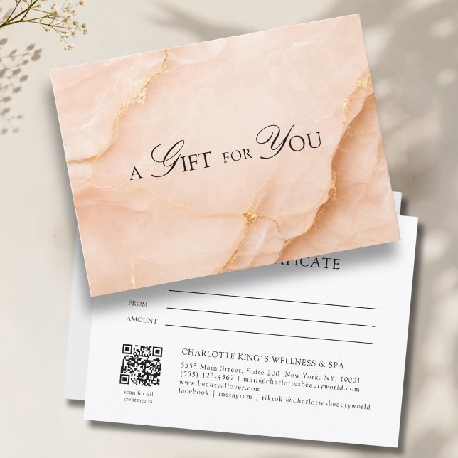 Certificado de Presente Elegante Mármore de Pêsseg (A Gift for You! Peach Gold Marble QR Code Gift Certificate)