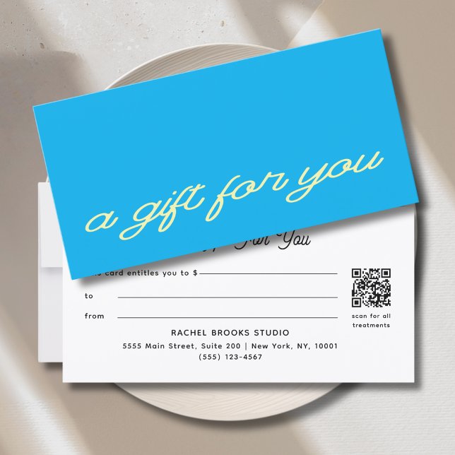 Certificado de Presente em Código QR Azul com Letr (Modern Script Blue QR Code Gift Certificate)
