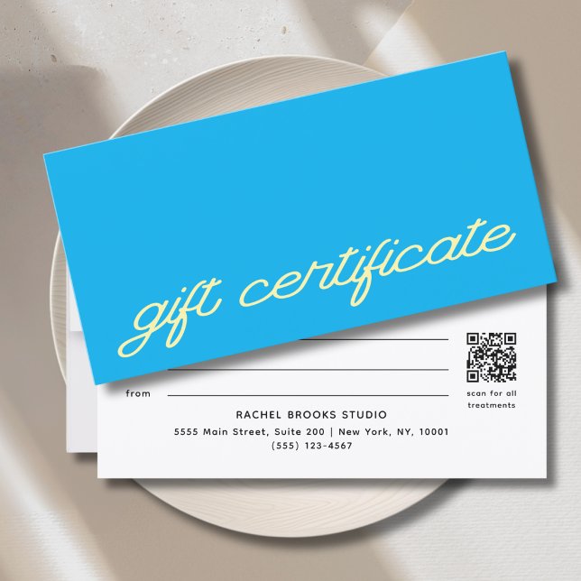 Certificado de Presente em Código QR Azul com Letr (Modern Script Blue QR Code Gift Certificate)