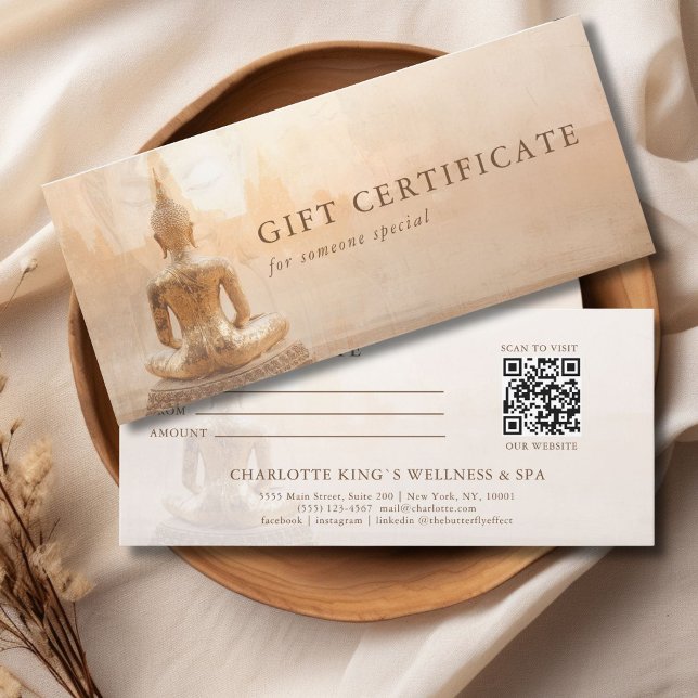 Certificado de Presente em Código QR do Salão Gold (Golden Buddha – Yoga Reiki Salon Massage Wellness & more Custom QR Code Gift Certificate)