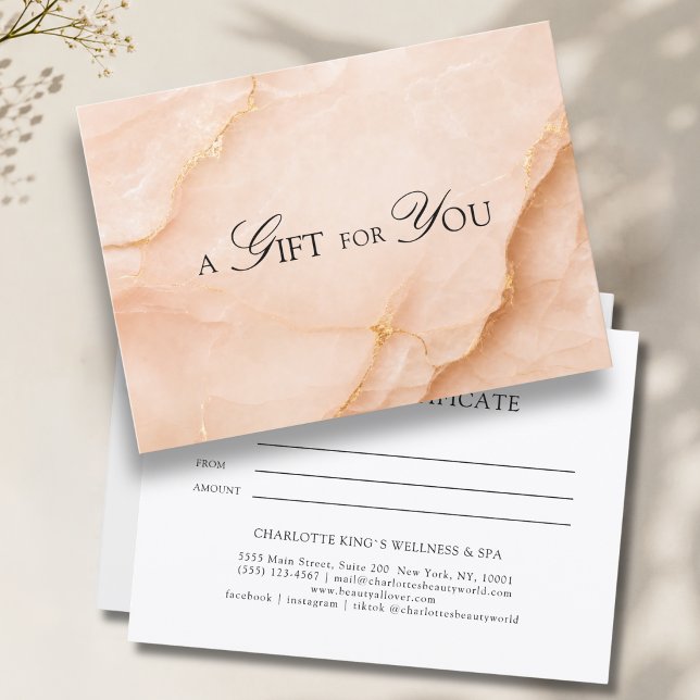 Certificado de Presente em Mármore Azul Elegante (A Gift for You! Peach Gold Marble Gift Certificate)