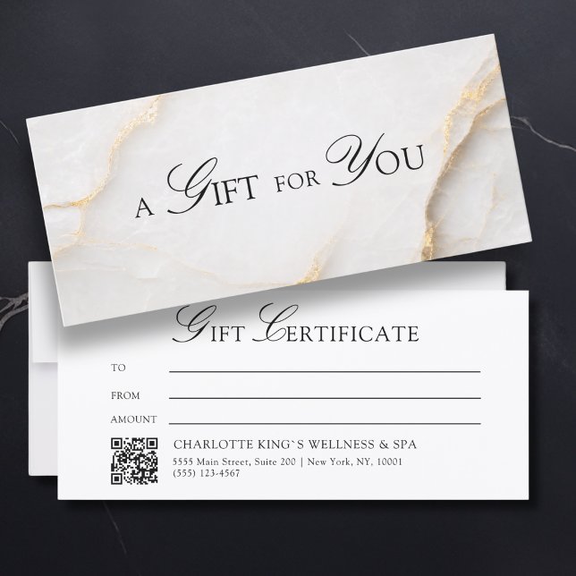 Certificado de Presente em Mármore Branco Elegante (A Gift for You! White Gold Marble QR Code)