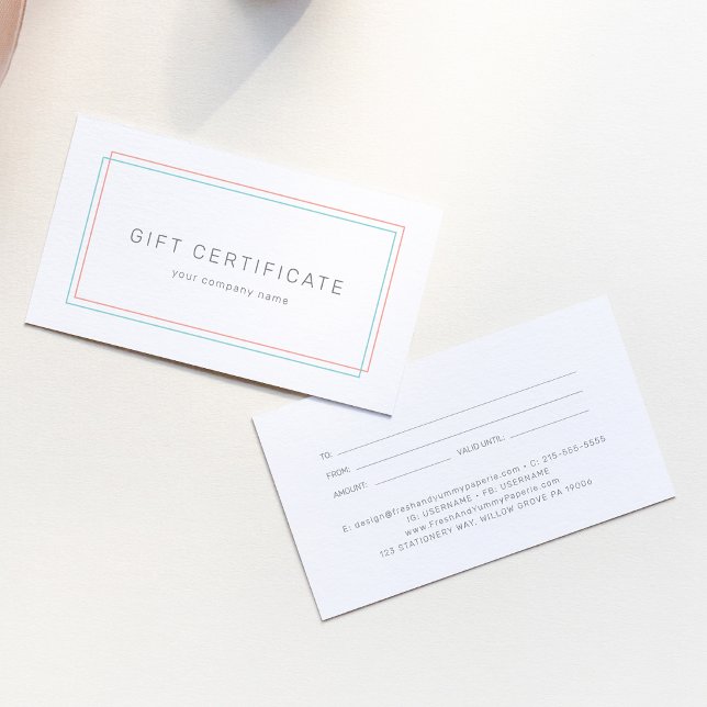 Certificado de Presente Empresarial Coral e Turque (AVERY Coral and Teal Business Gift Certificate)