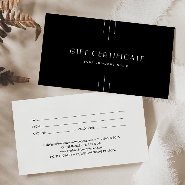 Certificado de Presente Empresarial Preto Art Déco (EVERLY Art Deco Black Business Gift Certificate)