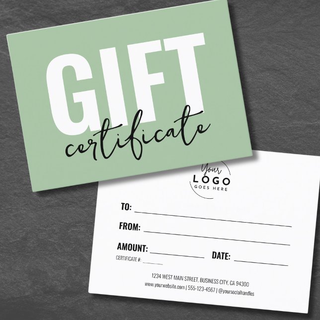 Certificado de Presente Empresarial Verde Sage Min (Sage Green Minimal Logo Business Gift Certificate)