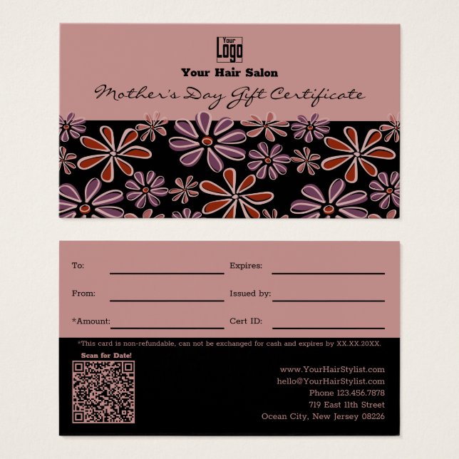 Certificado de Presente Floral Preto Rosa para o D (Frente & Verso)