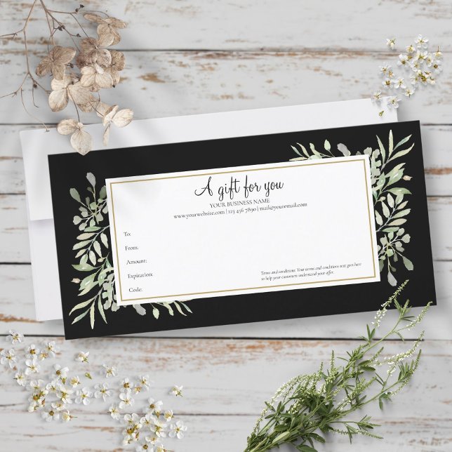 Certificado de Presente Folhas Verdes Preto e Bran (Greenery Leaves Black And White Gift Certificate)