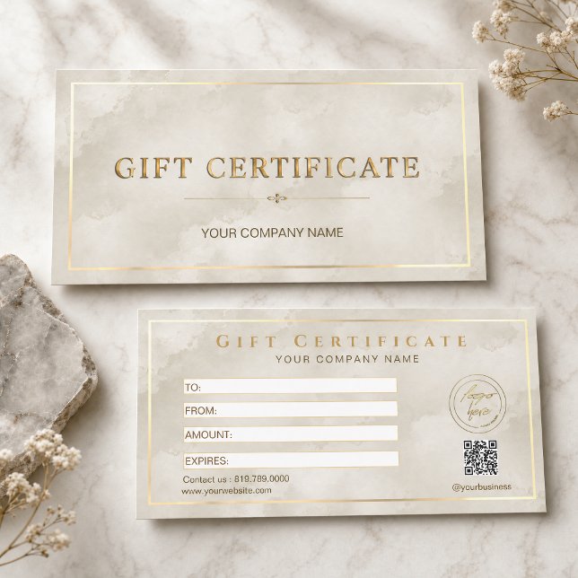 Certificado de Presente Mármore Aguarela Greige Su (Elegant Greige Marble Gift Certificate with Logo & QR Code)