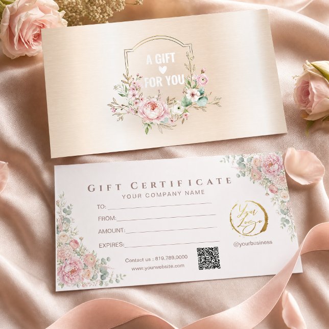 Certificado de Presente Moderno Rosa Floral Dourad (#certificate #giftcard #pinkfloralvoucher #pinkfloralandgold #luxurygiftcard #beautysalon #romantic)