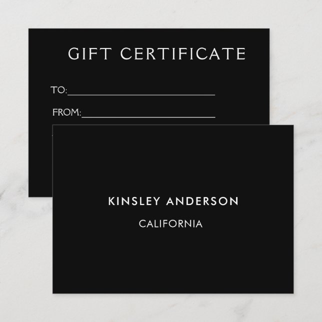Certificado de Presente Negro de Luxo Minimalista (Frente/Verso)