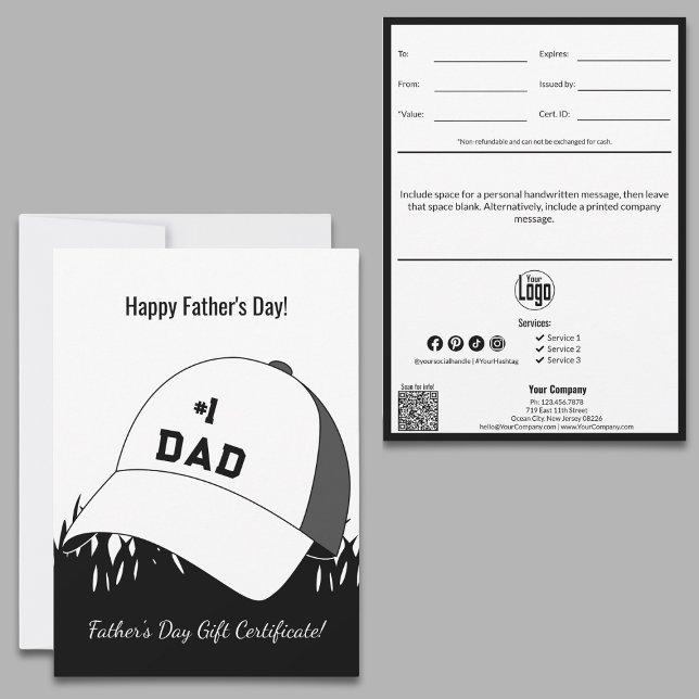 Certificado de Presente para Dia de os pais Feliz  (Small Business Happy Father's Day Gift Certificate, #1 Dad Cap, QR code, Personal Note)