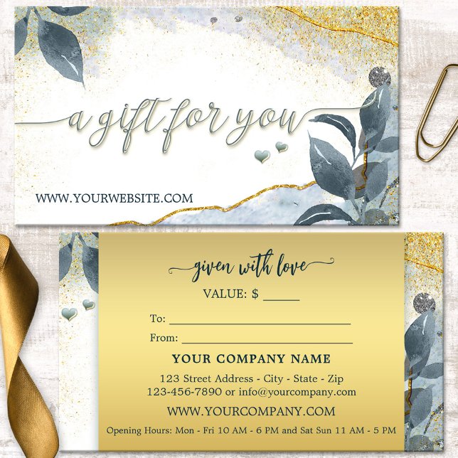 Certificado de Presente para Folga Artística Doura (Business card size gift certificate featuring an artistic design with leaves on gold sparkles)