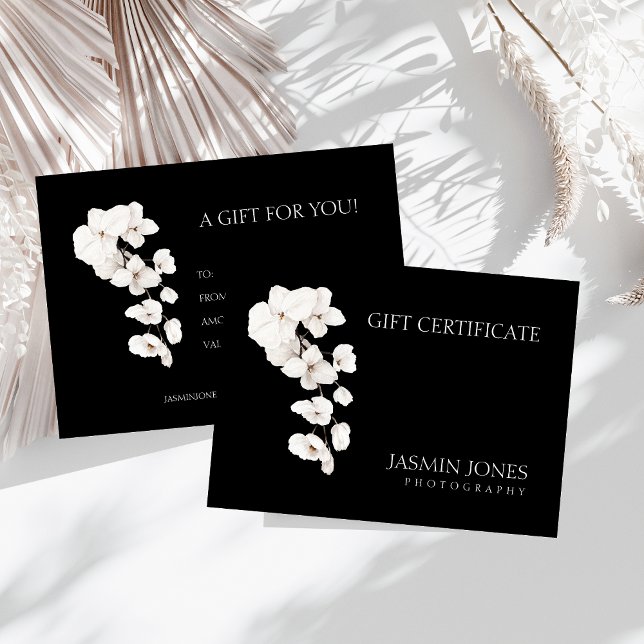 Certificado de Presente para Orquídeas Brancas Neg (Modern Black and White QR Code Orchids Flowers Business Gift Certificate)