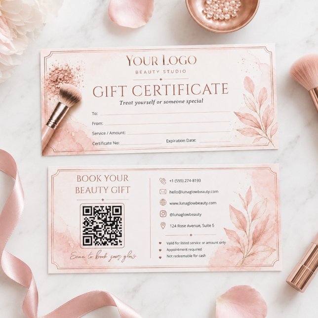 Certificado de Presente para Salão de Beleza Blush (Blush Pink QR Code Beauty Salon Gift Certificate Template)