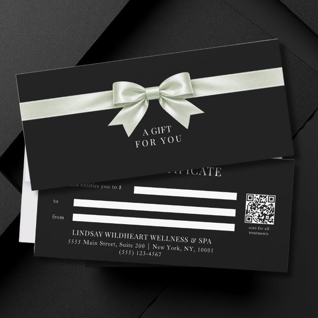Certificado de Presente QR Code com Laço Preto Ele (Elegant Black Green Bow QR Code Gift Certificate)