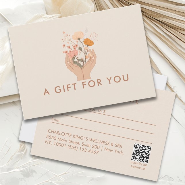 Certificado de Presente QR-Code do Salão Floral Ce (Celestial Floral Beige Brown Boho Salon Qr Code Business Gift Certificate)