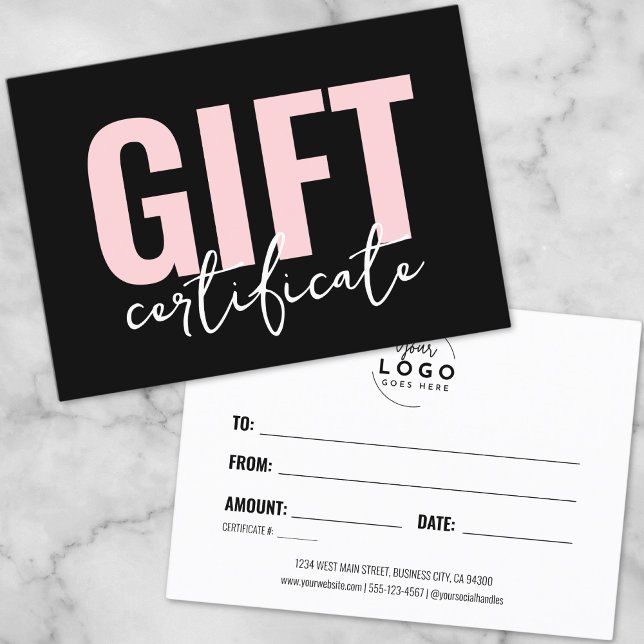 Certificado de Presente Rosa Moderno para Negócios (Logo Modern Pink Black Business Gift Certificate)