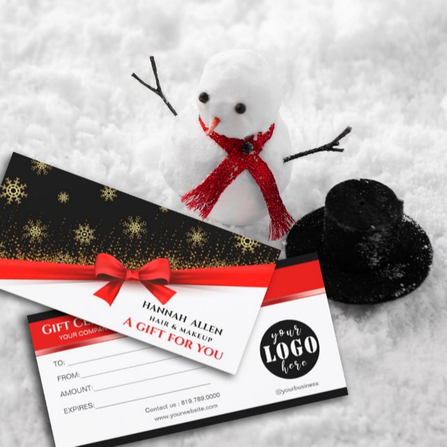 Certificado de Presente Vermelho de Floco de Neve  (#zazzlemade #customervoucher #BusinessChristmasHoliday #HolidayThankYouCard #SatinRibbonRed #salon )