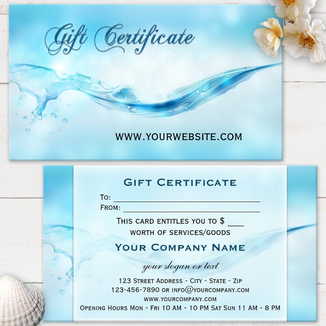 Certificado de Presente Water Splash Spa (Elegant blue turquoise water splash gift certificate with subtle sparkling bokeh effects)
