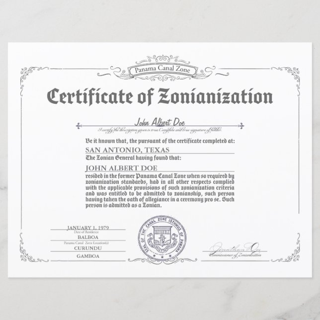 Certificado de Zonianização (Frente)