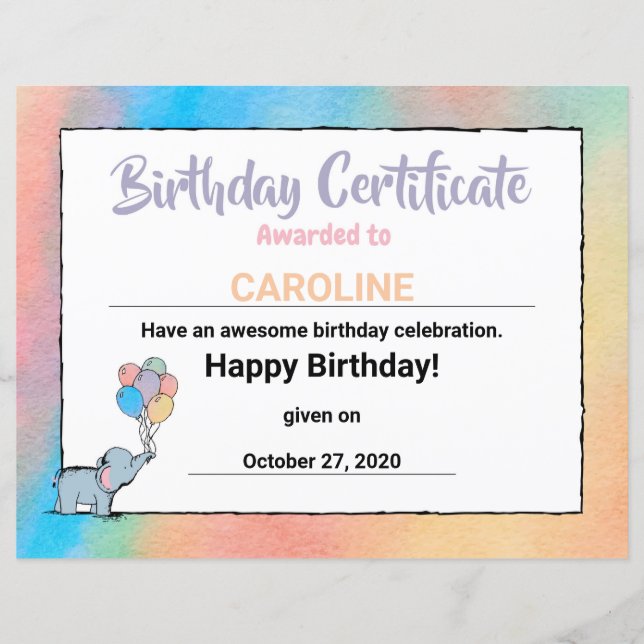 Certificado do Elefante de Aniversário com Muitos  (Frente)