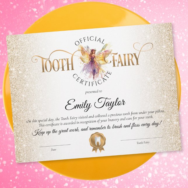 Certificado do Primeiro Dente da Fada do Dente (gold glitter tooth fairy certificate)